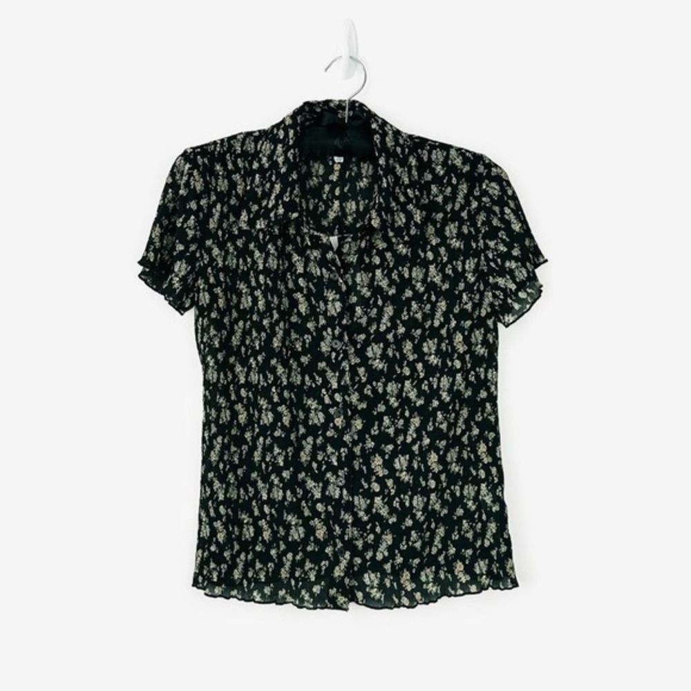 Who What Wear Emerson Button Down Plisse Shirt Size S Black Ditsy‎ Floral Blouse